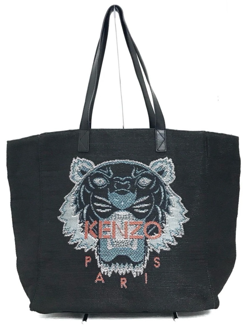 Kenzo Black Tote with Blue and Coral Embroidered Tiger